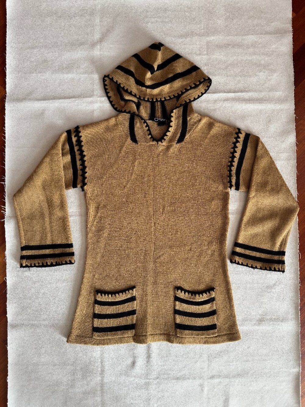 Knit Sweater Camel Tan Black Striped 70s Vintage Zado - Picture 11 of 16